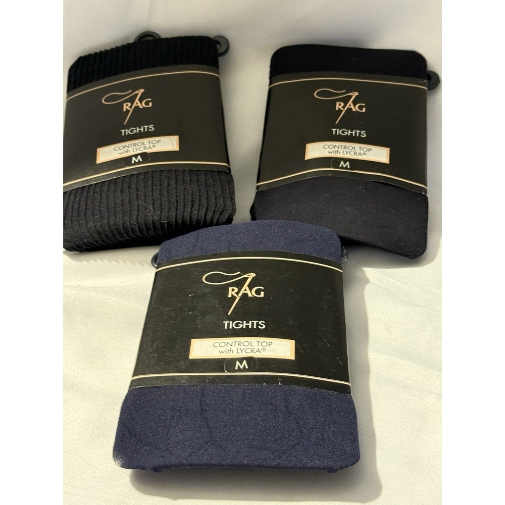 Lot Of 3 Rag Tights Control Top With Lycra Size Medium Black Blue NIP